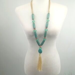 Chico's Jade Stone‎ Necklace wCoral Accents & Cream Tassel